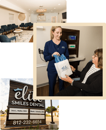 Collage of Elite Smiles Dental team photos and office photos